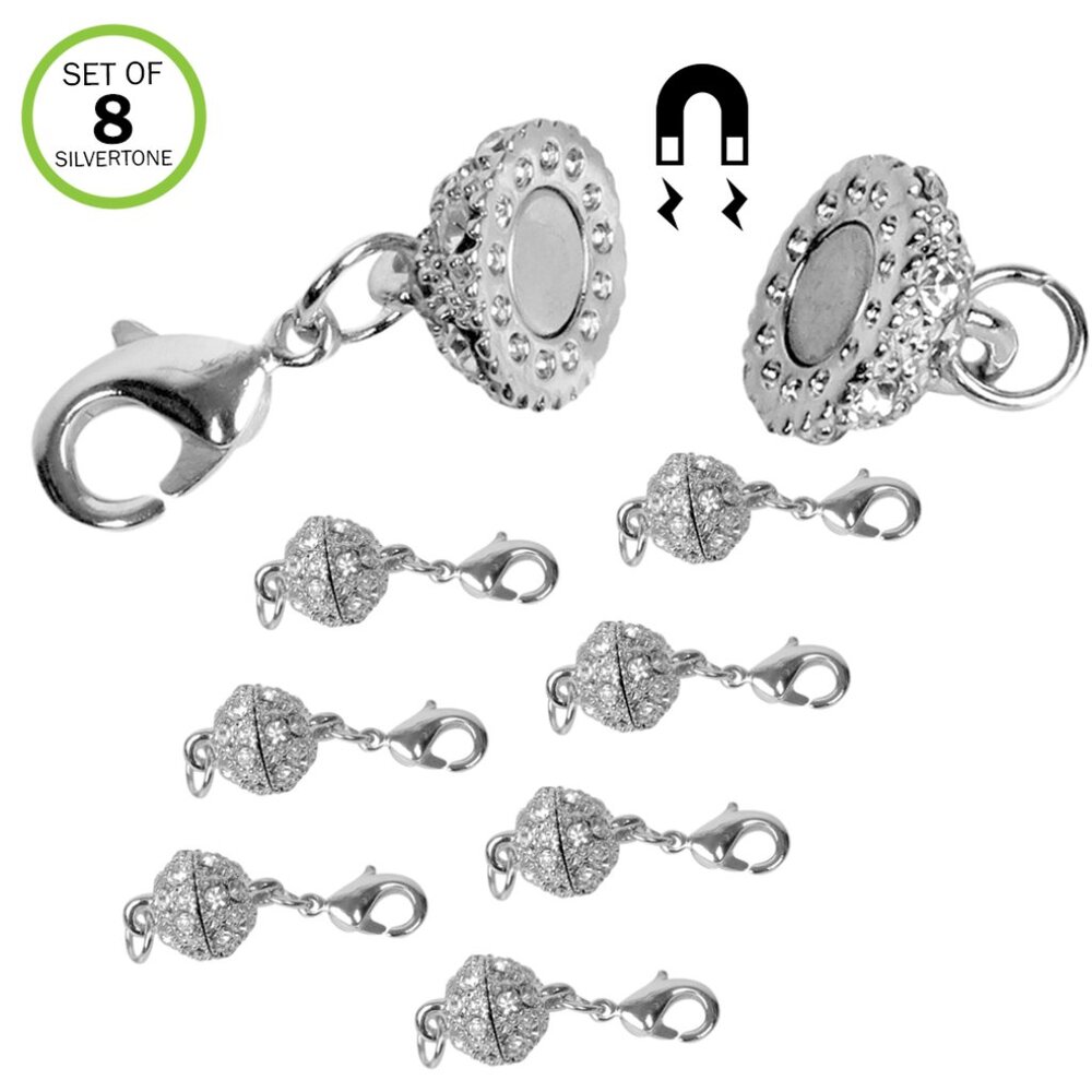 Magnetic Clasps - NEW -Set of 8 Rhinestone Ball Shape -Silvertone for Necklaces